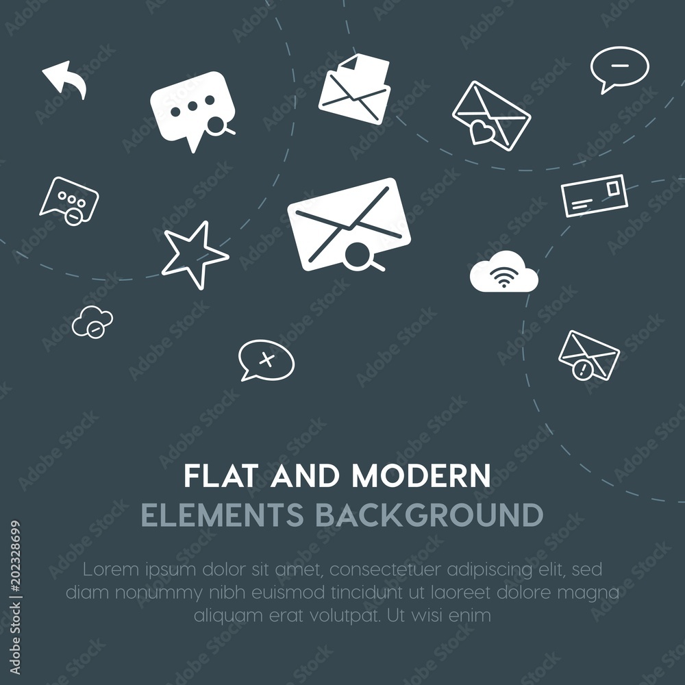Poster cloud and networking, chat and messenger, email outline, fill vector icons and elements background c