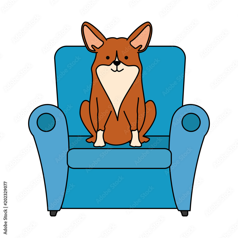 Sticker cute dog in sofa character vector illustration design