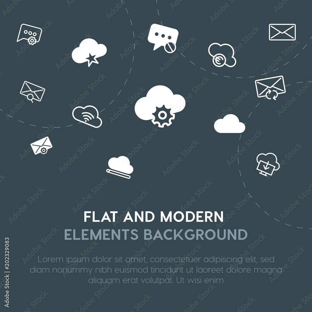 Poster cloud and networking, chat and messenger, email outline, fill vector icons and elements background c