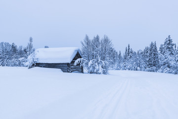 Small cottage in snow