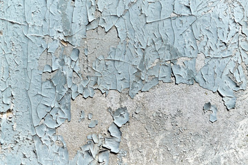 Cracked from time to time the paint on the painted wall. Cracks are long and short. There are bumps and hollows. A lot of small dots. Texture or pattern for the background. Grey or blue.