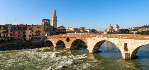 Fototapeta premium Verona Italy - Ponte Pietra and Adige River