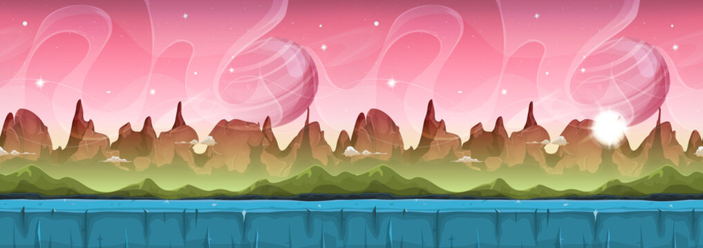 Fairy Sci-fi Alien Landscape For Ui Game/
Illustration of a cartoon seamless sci-fi alien planet landscape background, with layers for parallax including weird mountains, stars and planets