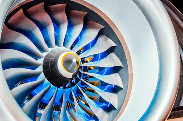 Close up of turbojet of aircraft turbine engine civil.
