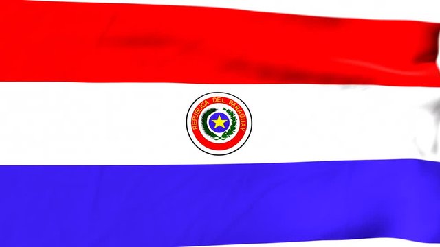 The waving flag of Paraguay opens up the view to the position of Paraguay on a colored world map