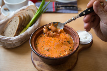 Traditional Ukrainian borsht - superfood beetroot soup at a restaurant