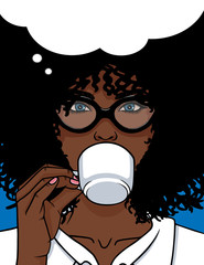 Vector illustration of African American type woman face with glasses and curly hair. Beautiful girl drinking a coffee