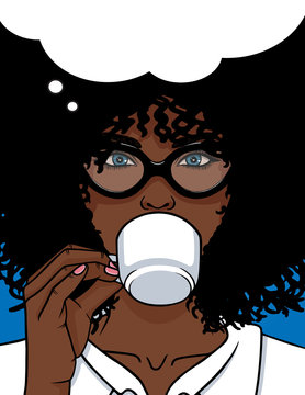 Vector Illustration Of African American Type Woman Face With Glasses And Curly Hair. Beautiful Girl Drinking A Coffee