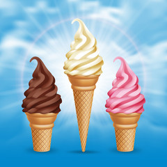 Set of realistic ice cream cones on blue sky background. Vector Illustration