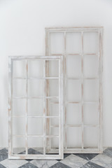 Old wooden window frame on white background