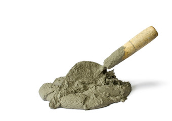 Cement or mortar with the trowel, Cement mix pile with the trowel isolated on white background with...