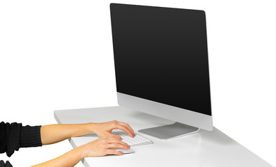 Woman hands working with computer keyboard isolated on white background