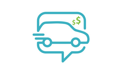 Buy New Car Online, Vehicle Shop Store with Bubble Chat Dollars logo design vector