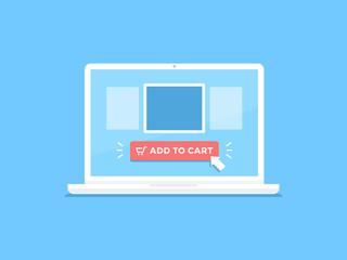 Laptop computer with purchase screen showing add to cart button vector flat illustration