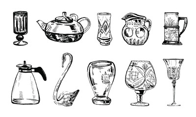 Vector hand drawn ink set of glass vases, tea pots and glasses on white background