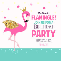 Naklejka premium Cute flamingo birthday party invite
