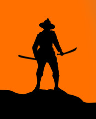 Silhouette of Thai warrior holding sward wearing hat standing in a mountain.