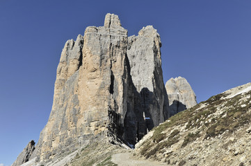 Drei Zinnen im Hochpustertal, aus Richtung Dreizinnenhütte, Sexten, Sextener Dolomiten, Südtirol, Italien, Europa