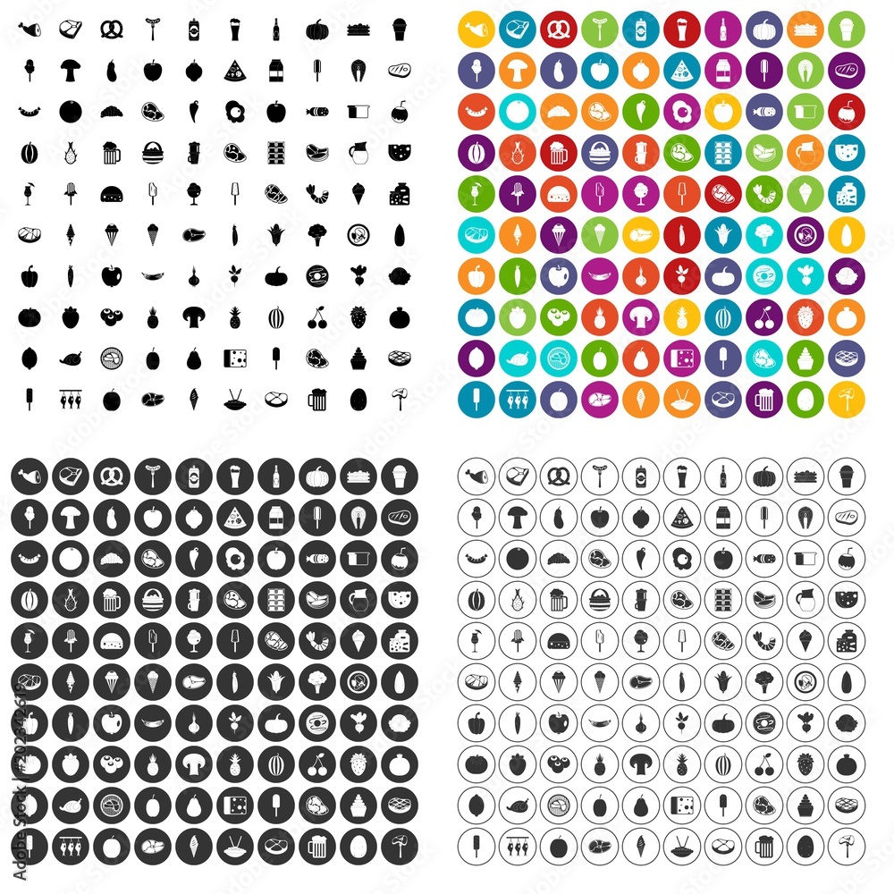 Poster 100 food icons set vector in 4 variant for any web design isolated on white