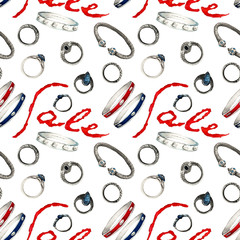 Watercolor Fashion Illustration. sale. set silver jewelry. seamless pattern