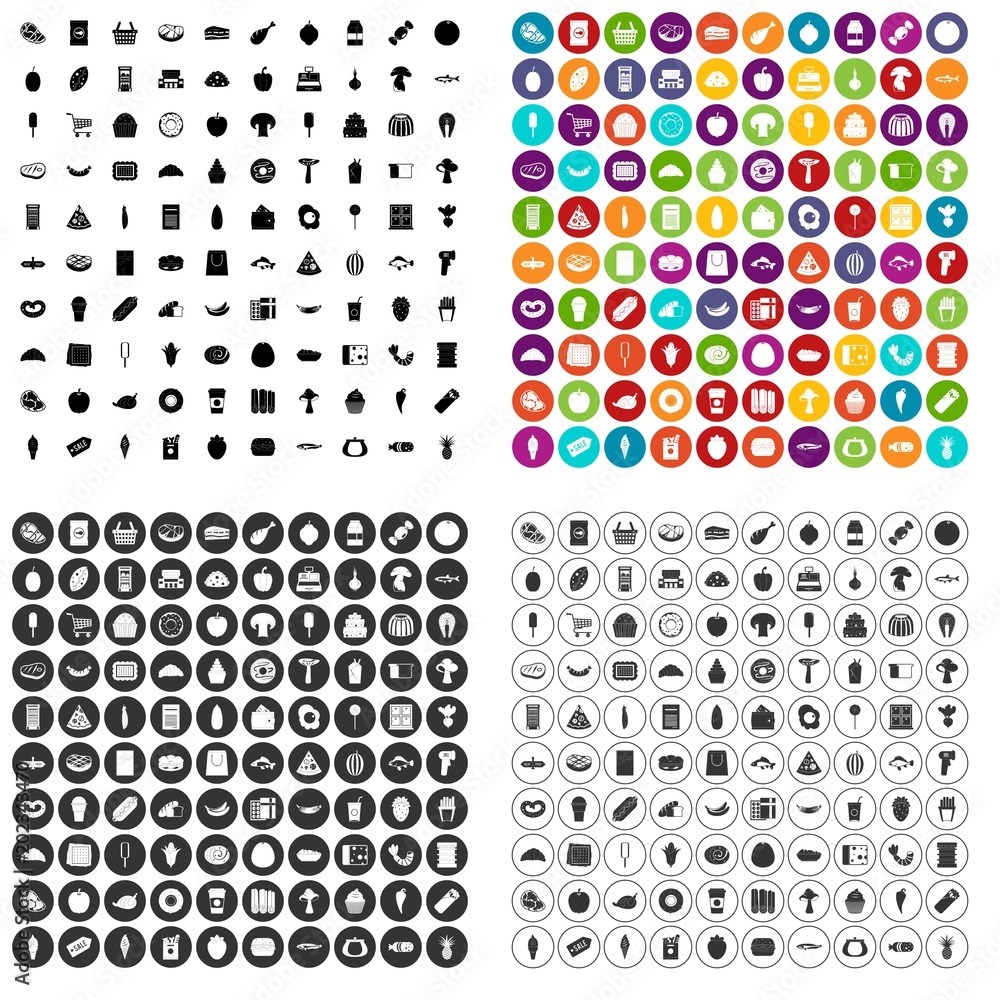 Poster 100 food shopping icons set vector in 4 variant for any web design isolated on white