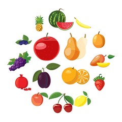 Fruit icons set in cartoon style on a white background