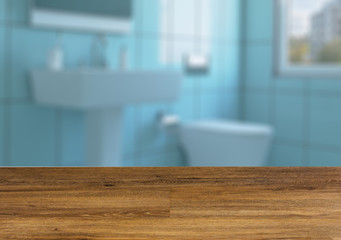 Background with empty wooden table. Flooring. The wooden table. Blurred interior.