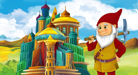Cartoon scene of some miner or dwarf near big and colorful castle - illustration for children