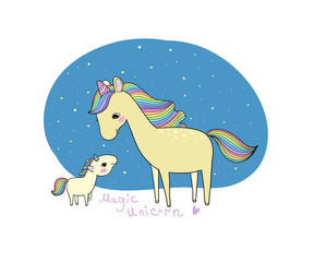 Cute cartoon unicorn and her baby