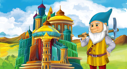 Cartoon scene of some miner or dwarf near big and colorful castle - illustration for children