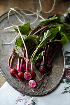 Overhead view of fresh beetroot on tray