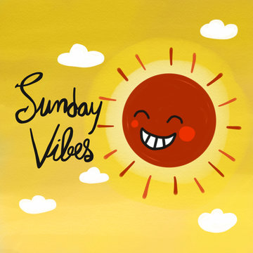 Sunday vibes word and red cute sun smile watercolor painting illustration