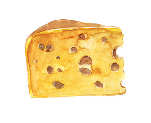 Watercolor hand drawn sketch illustration of a piece of cheese isolated on white