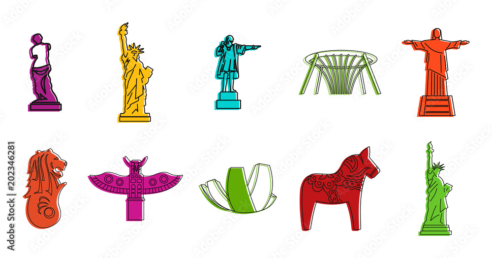 Poster statue icon set. color outline set of statue vector icons for web design isolated on white backgroun