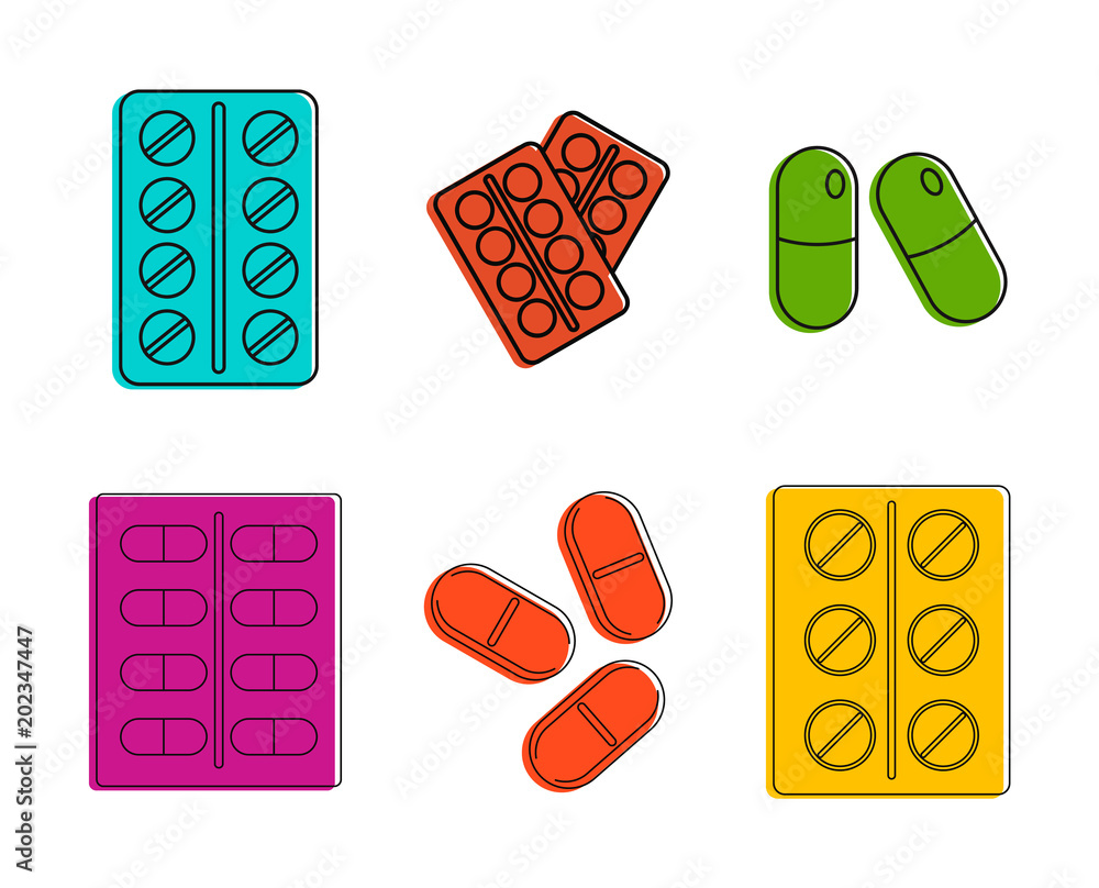 Aufkleber pills icon set. color outline set of pills vector icons for web design isolated on white background
