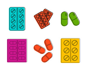 Pills icon set. Color outline set of pills vector icons for web design isolated on white background