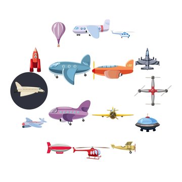 Aviation icons set in cartoon style isolated on white background