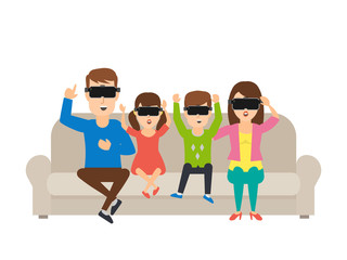 family in virtual reality glasses on the sofa