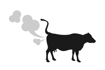 Cow fart - animal is producing greenhouse gas and methane. Cattle and livestock as environmental and ecologica problem. Vector illustration