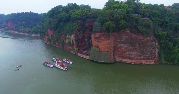 Aerial view of Leshan China Giant Buddha, 4k