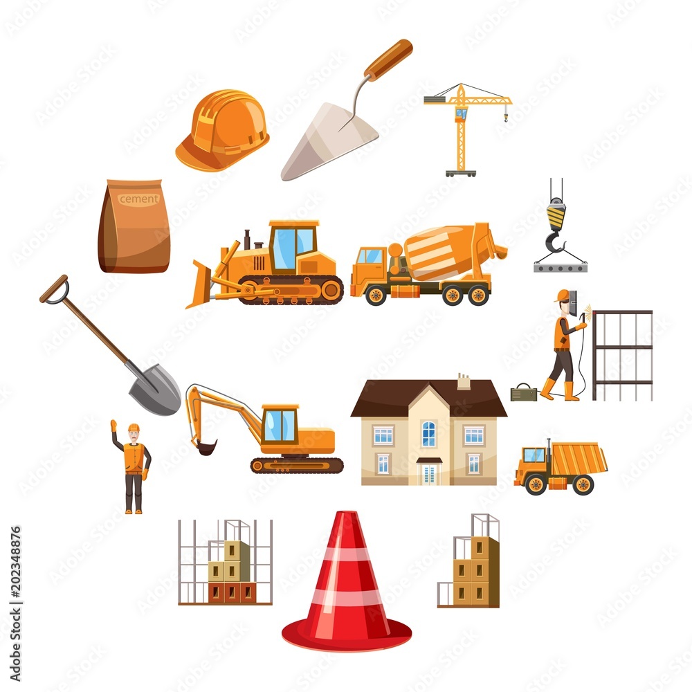 Poster Building icons set in cartoon style isolated on white background