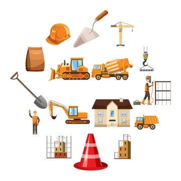 Building icons set in cartoon style isolated on white background