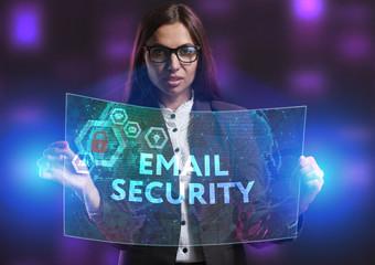 The concept of business, technology, the Internet and the network. A young entrepreneur working on a virtual screen of the future and sees the inscription: Email security