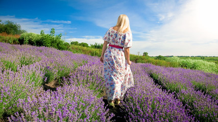 Young blonde woman in long dress walking between rows of lavender field