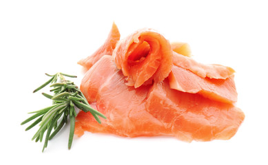 Fresh sliced salmon fillet with rosemary on white background