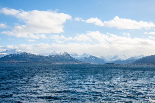 Fjord in Norway - nature background, view from ferry deck