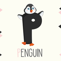 Illustrated Alphabet Letter P And Penguin