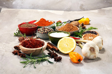 Spices and herbs on table. Food and cuisine ingredients.