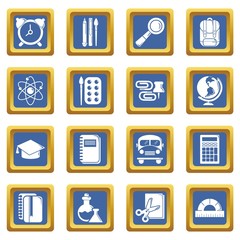 School education icons set vector blue square isolated on white background 