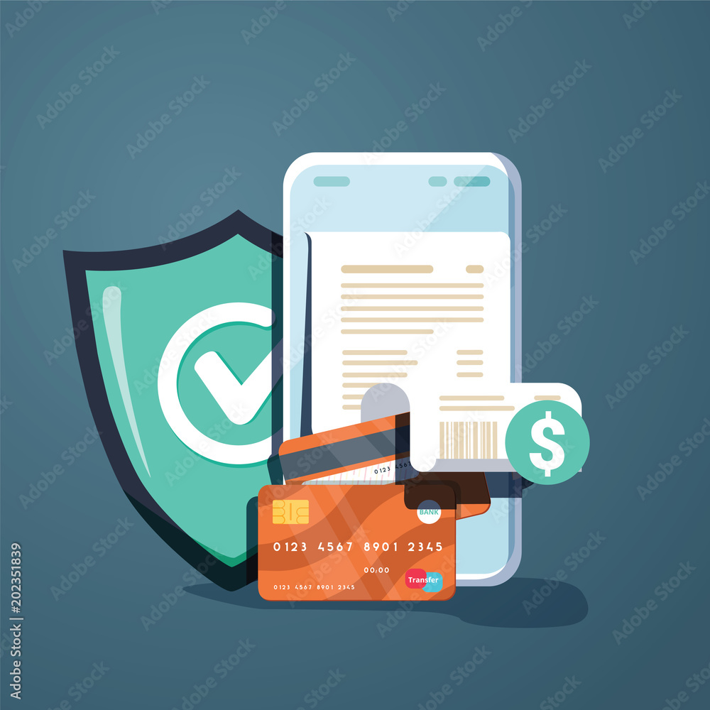 Poster concepts mobile payments, personal data protection. header for website with smartphone